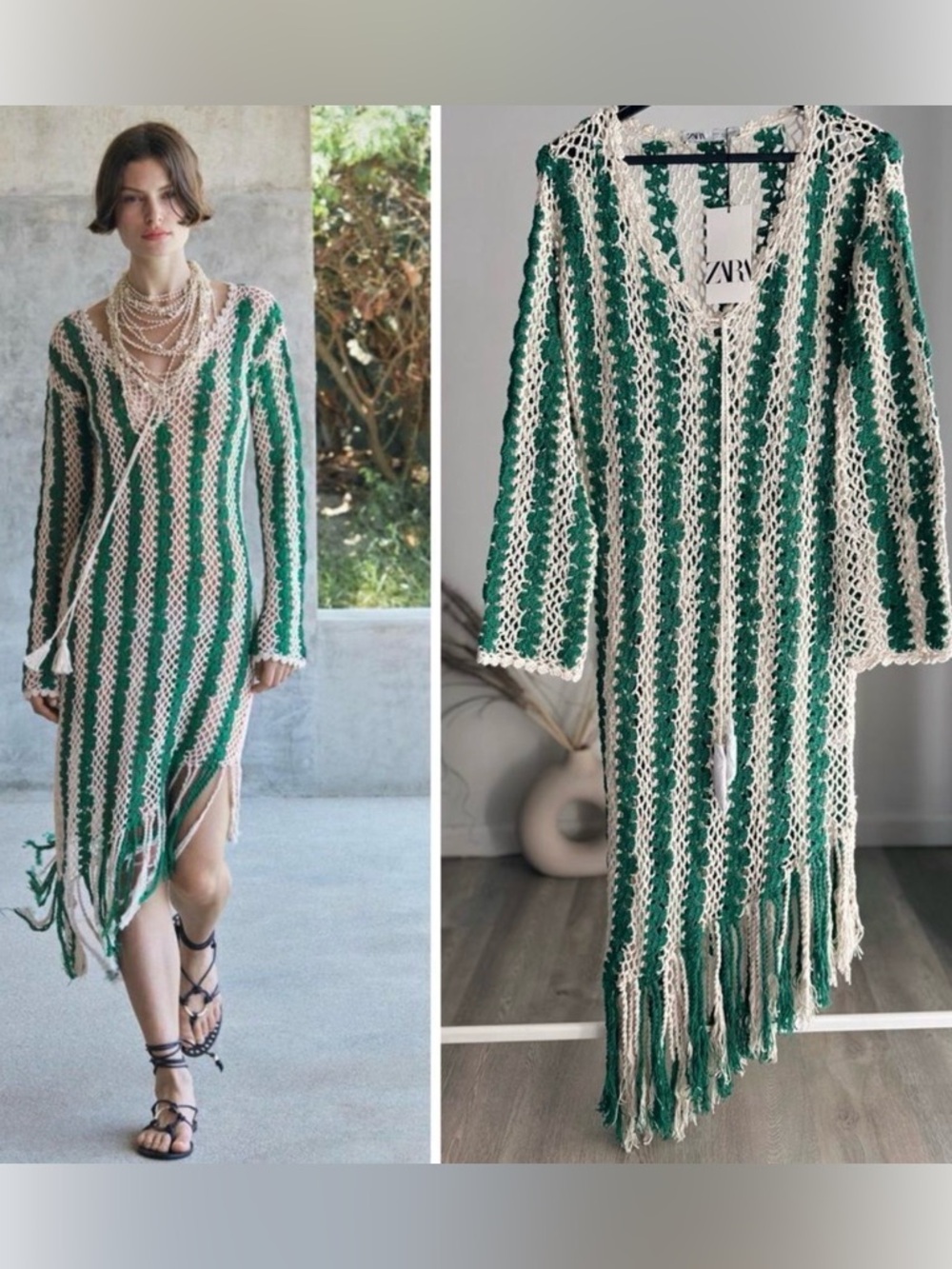 Zara Green and Cream Crochet Dress NWT